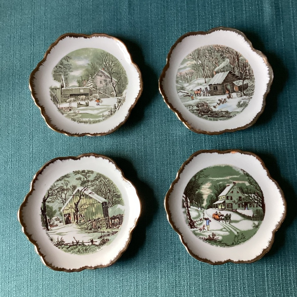 Vintage Currier and Ives Set of 4 Wall Plates. The Old Homestead in the Winter